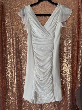 White House Black Market Elegant White Ruched V-Neck Flutter Sleeve Dress